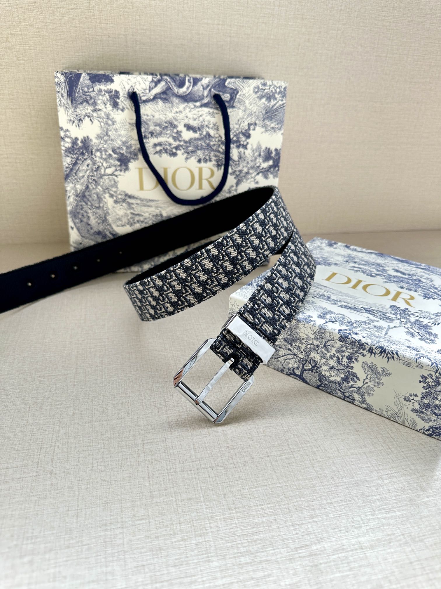 Dior belt with navy patterned strap and silver buckle, laid beside a Dior bag
