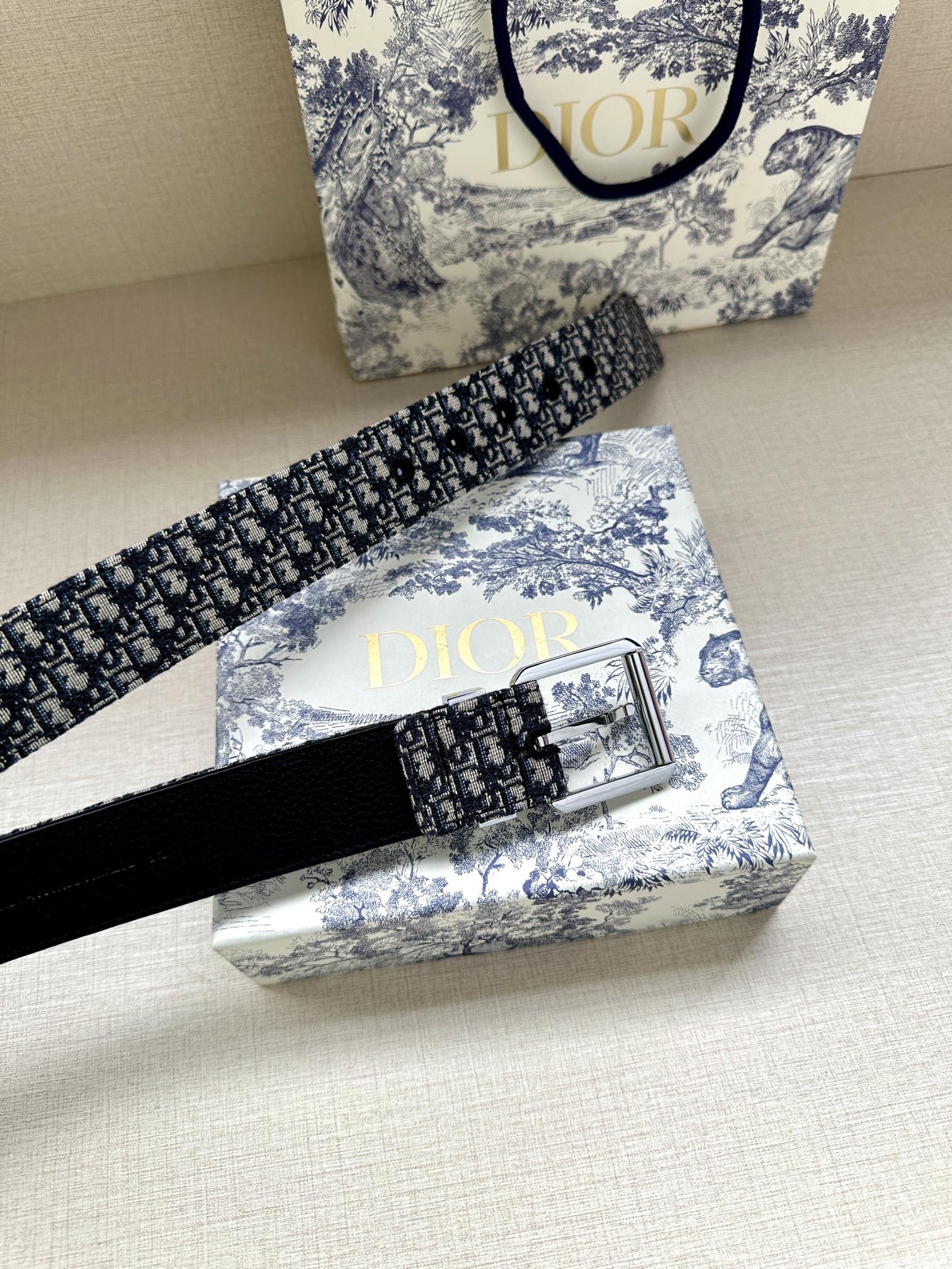 Dior belt with navy patterned strap and silver buckle, shown at an angle