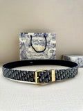 Navy Dior belt with Dior monogram webbing and gold rectangular buckle