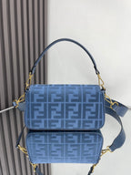 Fendi bag blue FF monogram flap with gold hardware and crossbody strap, front view