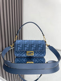 Fendi bag blue FF monogram flap with gold hardware and adjustable shoulder strap