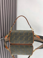Fendi baguette bag on strap with FF logo canvas, brown trim and gold clasp