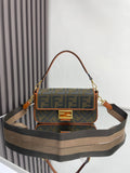 Fendi baguette bag with brown trim, FF logo flap and gold-tone clasp