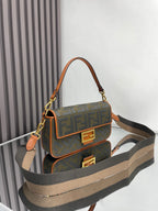 Fendi baguette bag with FF logo front flap, brown leather trim and shoulder strap