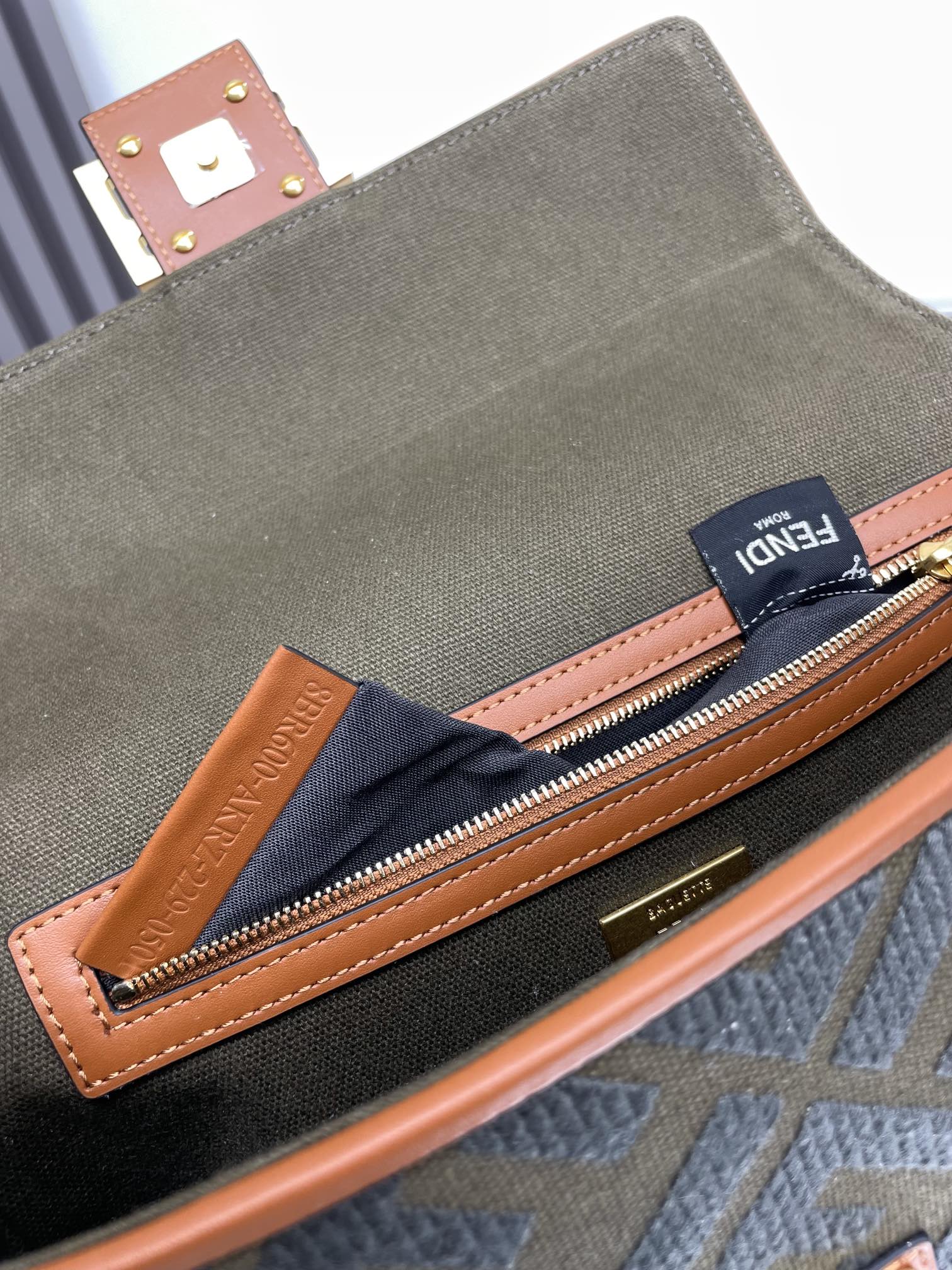 Fendi small bag interior pocket with navy FENDI fabric lining and zip closure