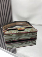 Fendi baguette bag, green FF jacquard top flap with burgundy edges and shoulder strap