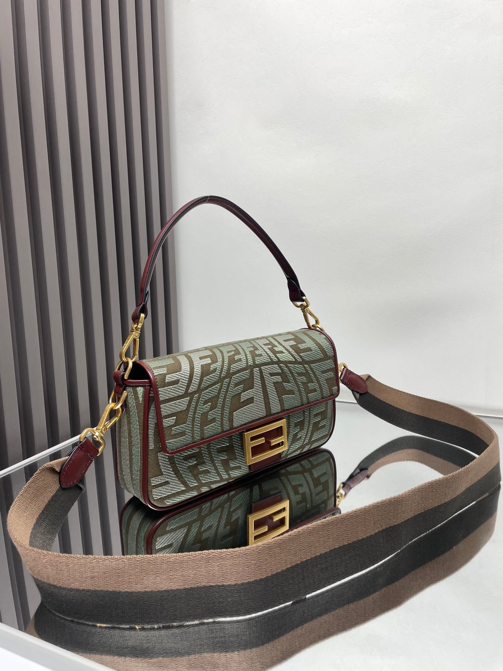 Fendi baguette shoulder bag, green FF jacquard front with burgundy trim and shoulder strap