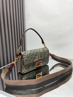 Fendi baguette shoulder bag, green FF jacquard front with burgundy trim and shoulder strap