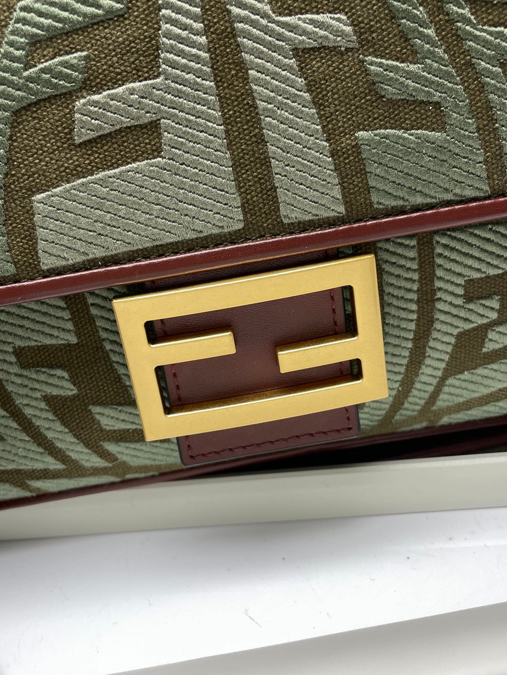 Fendi baguette bag logo plaque on green FF jacquard with burgundy trim