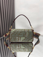 Fendi baguette shoulder bag, green FF jacquard with burgundy trim and gold chain strap