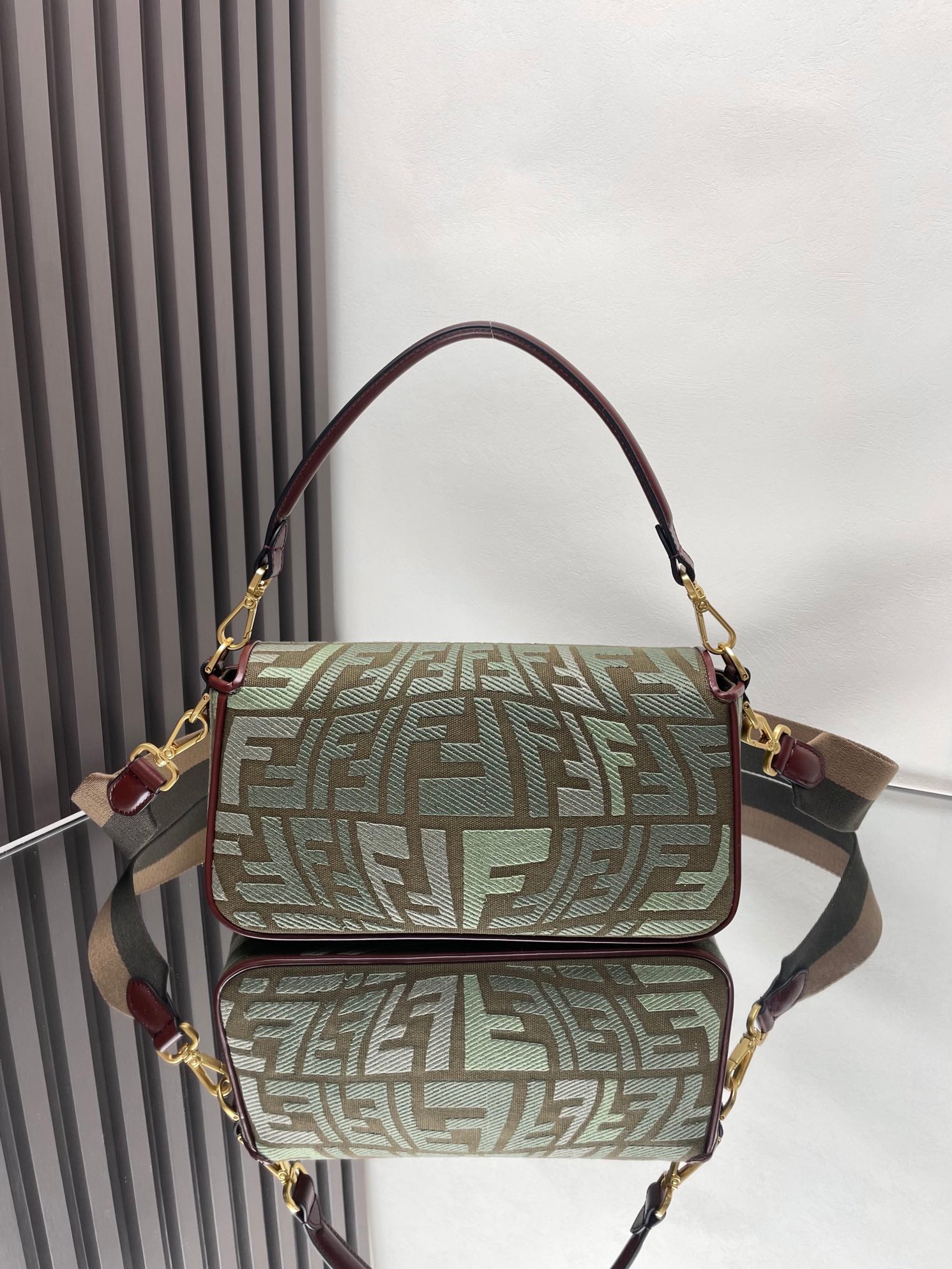 Fendi baguette shoulder bag, green FF jacquard with burgundy trim and gold chain strap