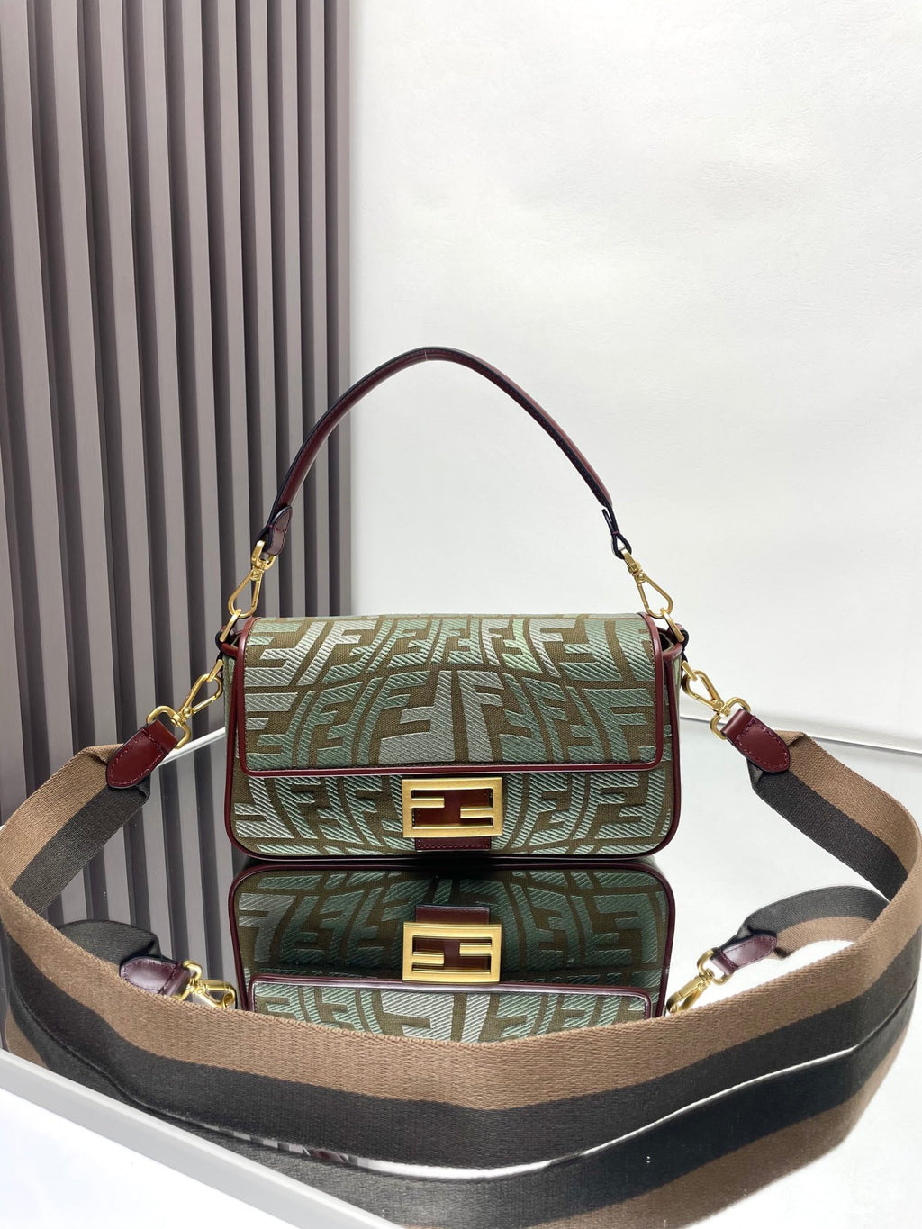 Fendi baguette shoulder bag, green FF jacquard with burgundy trim and gold hardware