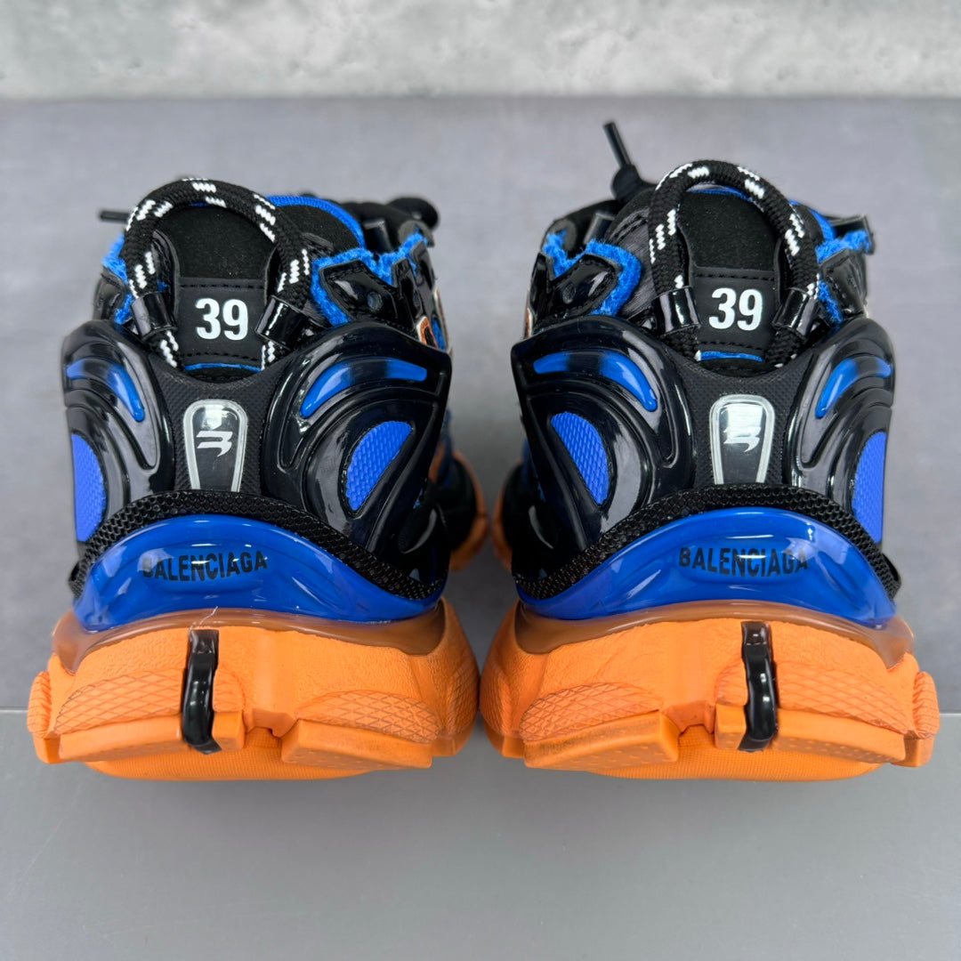 Balenciaga sneakers heel detail, black and blue uppers with size 39 tags, lace-up
