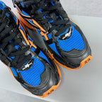Balenciaga sneaker side detail, blue mesh and orange-trim overlays with BALENCIAGA patch