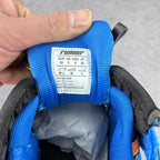 Balenciaga sneaker tongue label, blue knit with size 39 marking, lace-up upper