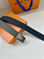 Louis Vuitton leather belt set: dark green strap with silver-tone buckle and hole pattern
