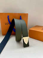 Louis Vuitton leather belt dark green with silver buckle, partially wrapped over strap