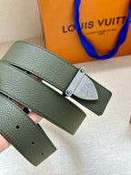 Louis Vuitton leather belt with dark green strap and silver-tone rectangular buckle plate