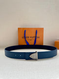Blue leather belt with silver LV monogram buckle