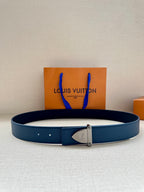 Blue leather belt with silver LV monogram buckle