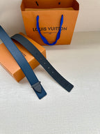 Louis Vuitton blue leather belt, two strap lengths with buckle end and holes