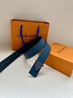 Louis Vuitton blue leather belt, strap looped with silver-tone buckle