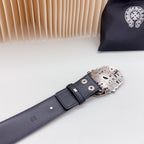 Leather belt with dark blue strap and silver buckle plate with multiple holes