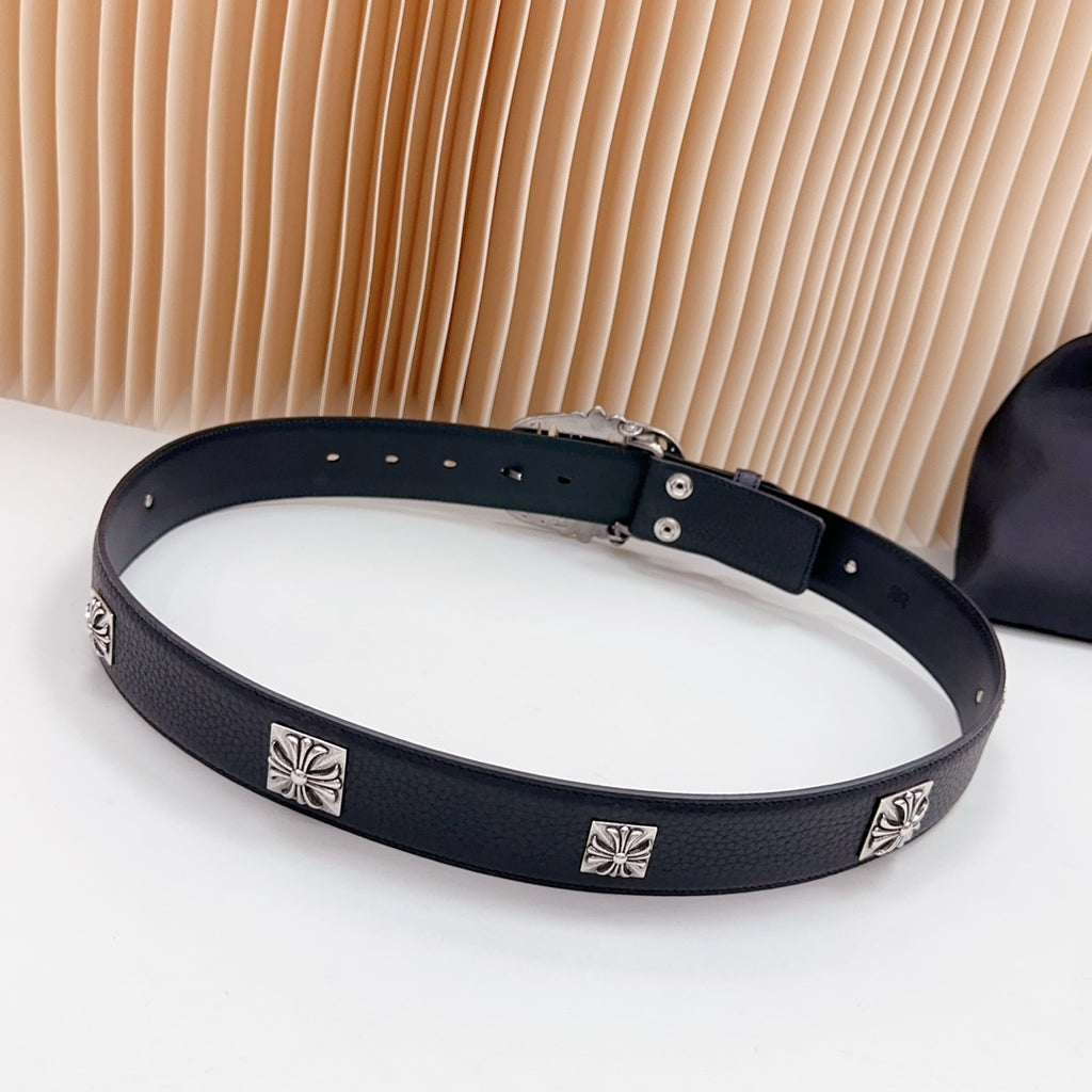 Navy leather belt with silver cross-stud accents along strap