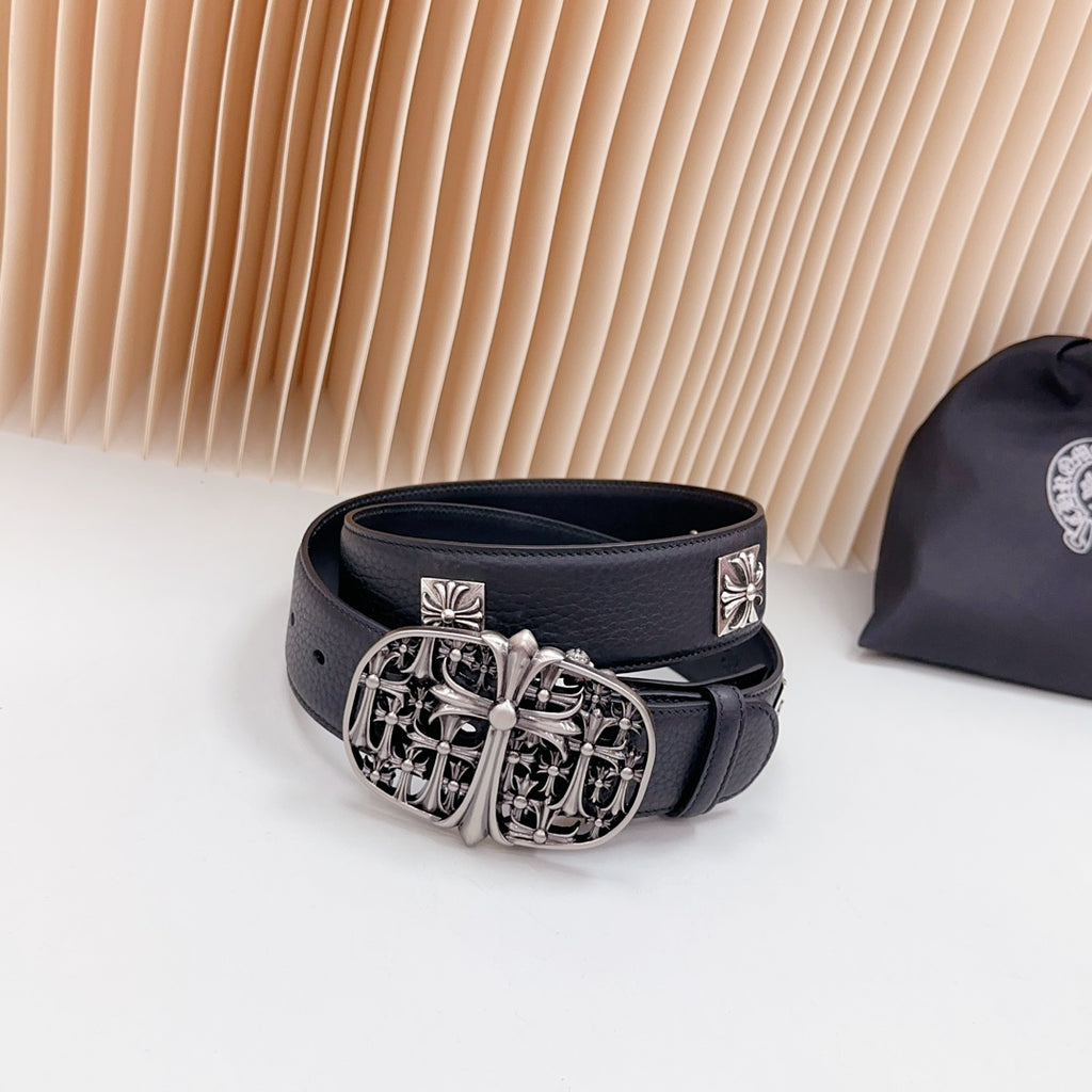 Navy leather belt with ornate silver buckle and cross-stud ornaments