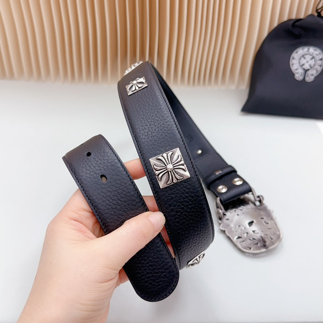 Navy leather belt with silver cross plates and adjustable keeper strap