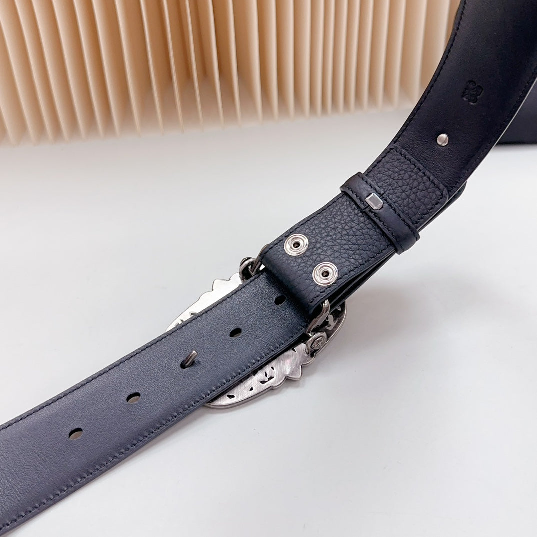 Navy leather belt with metal keeper and adjustable buckle hardware