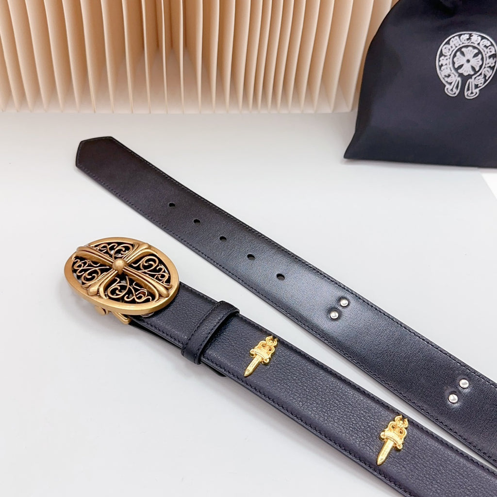 Dark leather belt laid flat with gold buckle, keeper strap, and stud holes