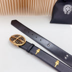 Dark leather belt laid flat with gold buckle, keeper strap, and stud holes