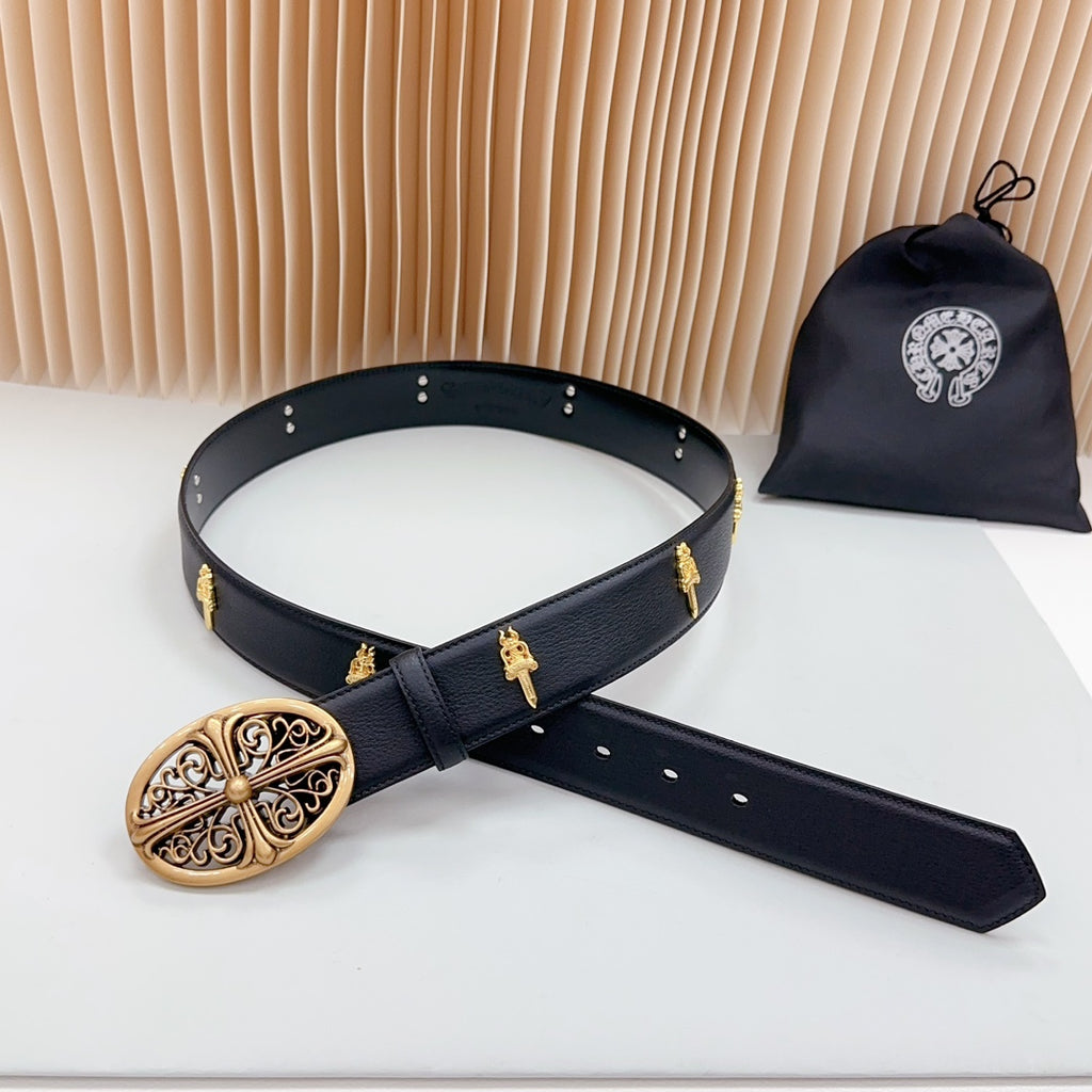 Dark leather belt with gold filigree buckle, keeper strap, and side studs