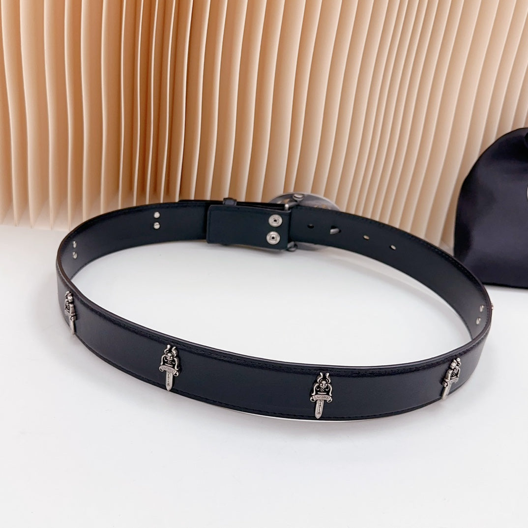 Dark leather belt with silver-tone snaps, side studs, and adjustable strap