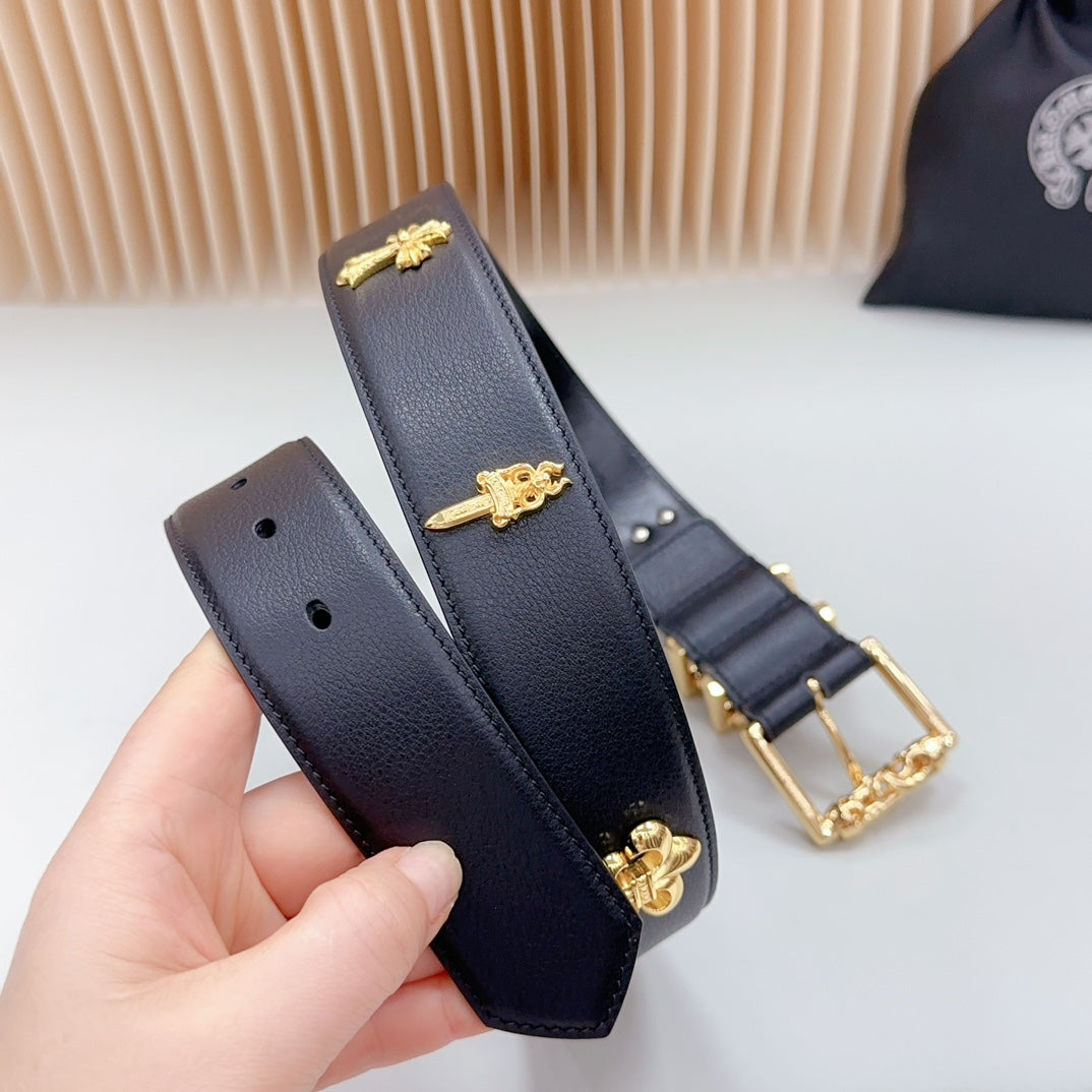 Navy leather belt folded view with gold buckle, charm details, and adjustable holes