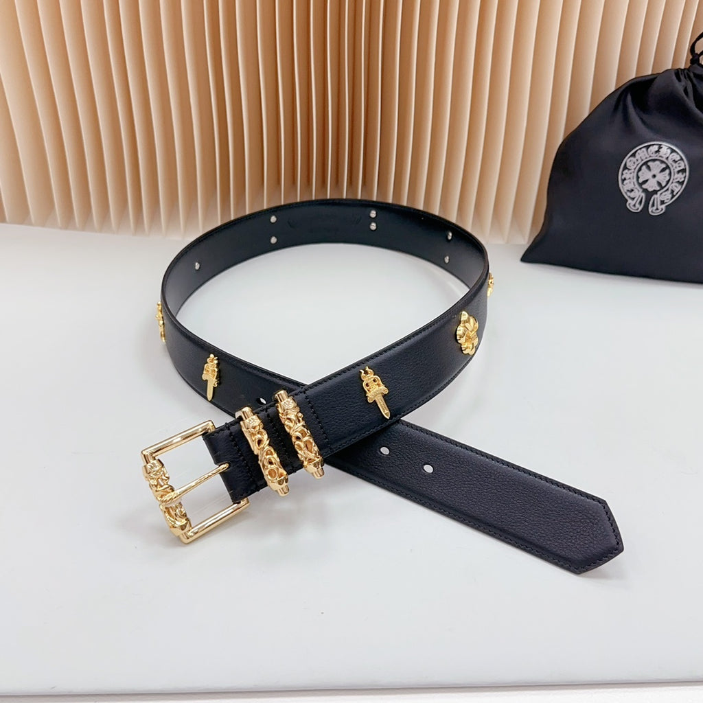 Navy leather belt with gold buckle, cross and star charms, plus matching strap holes