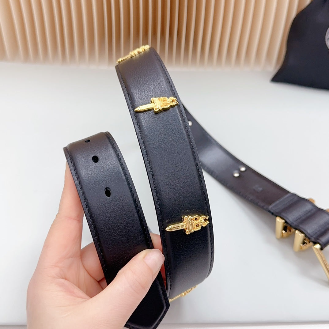 Navy leather belt straps with gold cross accents and metal holes, set view