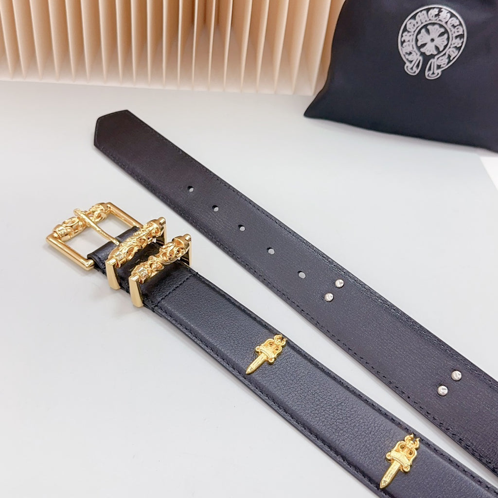 Two navy leather belt segments with gold cross accents and metal buckle openings