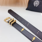 Two navy leather belt segments with gold cross accents and metal buckle openings