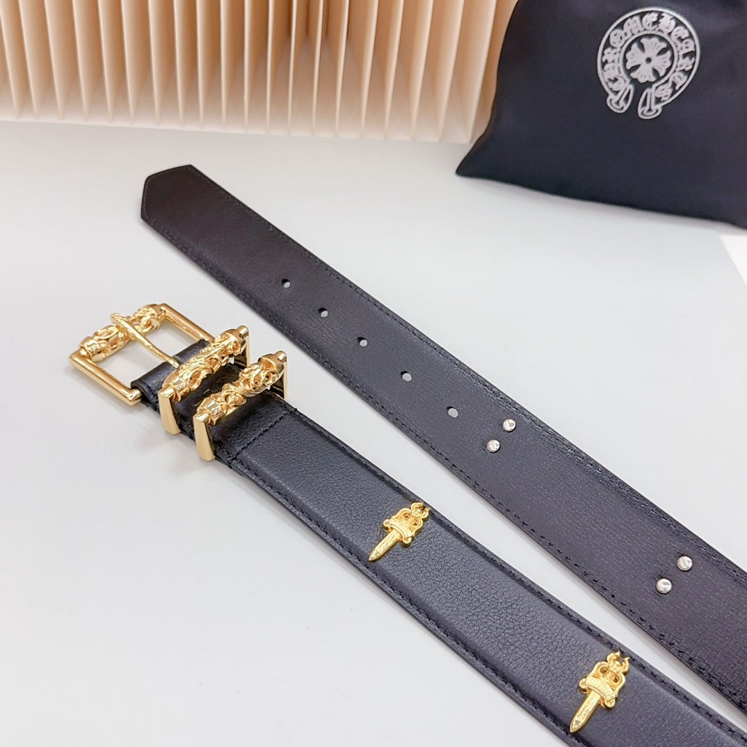 Two navy leather belt segments with gold cross accents and metal buckle openings