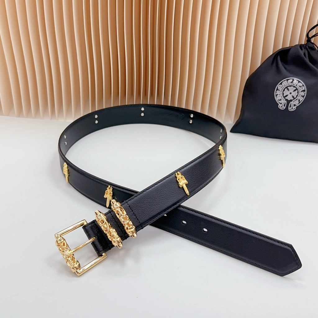 Navy leather belt with gold buckle, cross studs, and decorative metal links