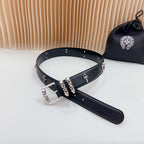 Dark leather belt with chrome buckle, chain ornaments, and studded holes