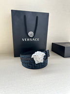 Versace belt, dark blue Greek key strap with silver Medusa head buckle.