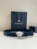 Versace belt in dark blue with Greek key pattern and silver Medusa buckle.