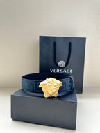 Versace belt with blue Greca strap and gold Medusa buckle, on gift box