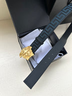 Versace belt with blue Greca strap and gold Medusa buckle, in box packaging