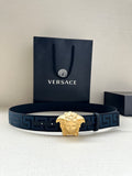 Versace belt in dark blue with Greca pattern and gold Medusa buckle