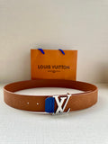 Tan monogram leather belt with blue keeper and LV logo buckle