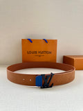 Brown leather belt with embossed logo pattern and blue LV buckle, pin holes visible